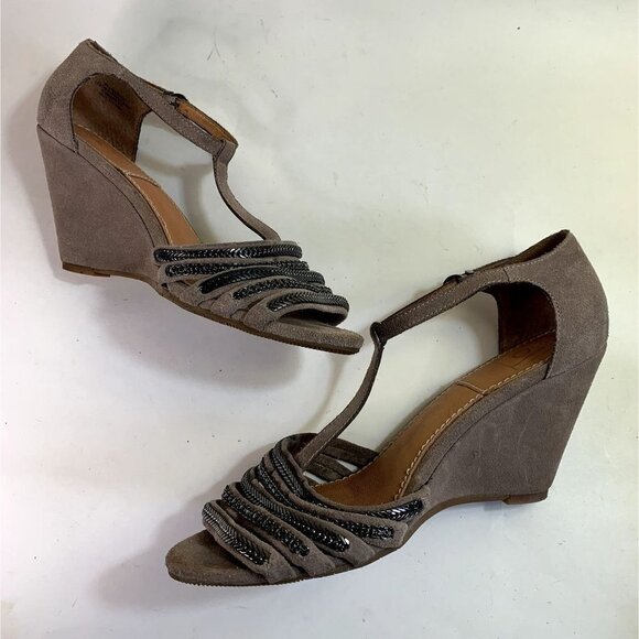 Anthropologie Bacio 61 Taupe Suede Wedge Sandals Chain Strappy - Picture 4 of 10